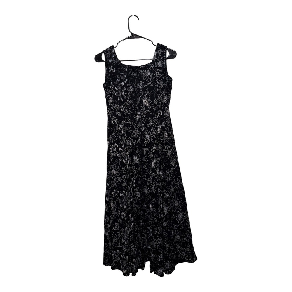 Dressbarn Vintage 90s Floral Button Front Midi Dress Black White Rayon Women's 6